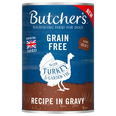 Butcher's Grain Free dog food with turkey and garden vegetables in gravy. Supports farmers, grain-free recipe.