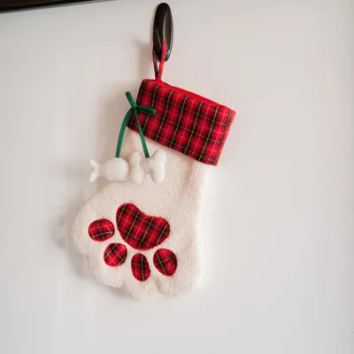 Weihnachtssocke in Pfotenform aus weissem Stoff mit rotem Karomuster, dekoriert mit zwei weissen Spielzeugknochen. Zum Aufhängen geeignet.