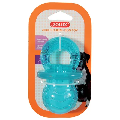 Zolux Jouet Chien - zabawka dla psa, niebieska zabawka do gryzienia z wypustkami i falistą strukturą. Napis: Jouet sonore à mordre, Squeaky chewing toy.