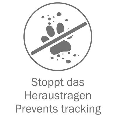 Symboli, jossa on yliviivattu tassu ja teksti: Stoppt das Heraustragen, Prevents tracking.