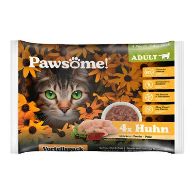 Pawsome! Adult корм для кошек, упаковка с 4 паучами курицы. 88% ингредиентов животного происхождения, без зерна, с таурином и витаминами, без добавления сахара.