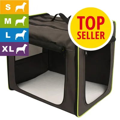 Soft-sided pet carrier available in sizes S, M, L, XL. Image shows open carrier with mesh windows and 'Top Seller' badge.