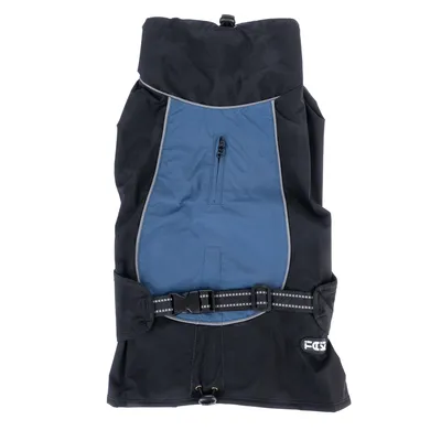 Dog coat in black and blue with adjustable belt, reflective stripes and zip. FDC logo visible at bottom right.