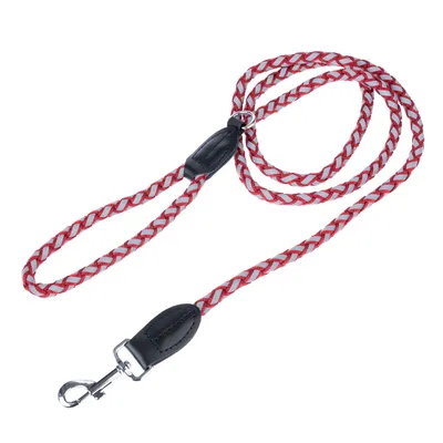 Guinzaglio intrecciato per cani in rosso e grigio con manico in pelle nera e moschettone in metallo argento.
