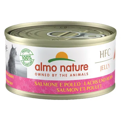 Boîte de nourriture pour chat Almo Nature HFC Jelly, saumon et poulet. Texte visible : Profits 100 % to nature, Owned by the animals, Salmone e pollo, Lachs und Huhn, Saumon et poulet.