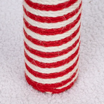 Kratzbaum-Säule mit rot-weissem Sisalseil umwickelt, Detailansicht auf Teppichboden.