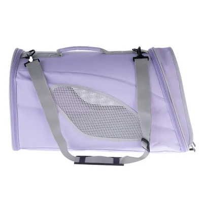Sac de transport violet avec sangle grise réglable, poignée sur le dessus et grande fenêtre en maille pour aération visible sur le côté.