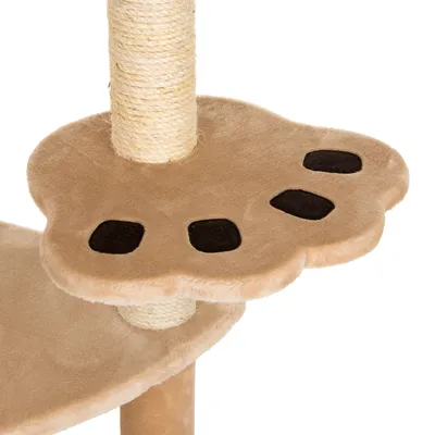 Krabpaal met sisalstam en beige plateau in pootafdrukvorm, voorzien van vier zwarte vlekken. Bekleding van zacht pluche materiaal zichtbaar.