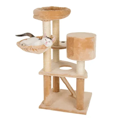 Cat tree with multiple levels, sisal posts, a hammock and a resting area. White cat lying relaxed in the hammock.