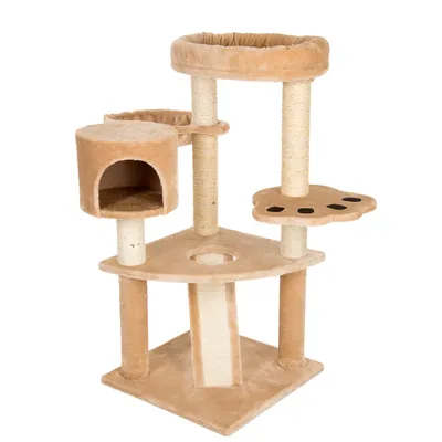 Cat tree with multiple levels, cave, lying area and sisal scratching posts. Beige colour.