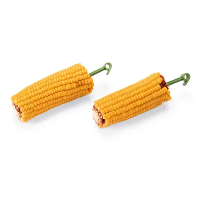 Zwei Maiskolben mit grünem Halter und Haken, geeignet zum Aufhängen. Sichtbar gefüllt mit einer Mischung aus Körnern und Samen.