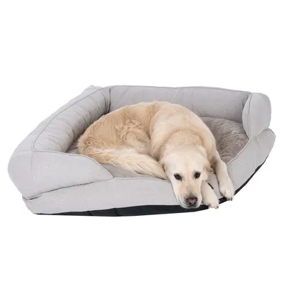 Grey, padded pet bed with raised side walls and soft lying surface.
