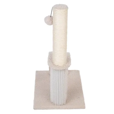 Arbre à chat beige avec poteau en sisal, base carrée recouverte de tissu, brosse verticale blanche et balle suspendue en peluche.