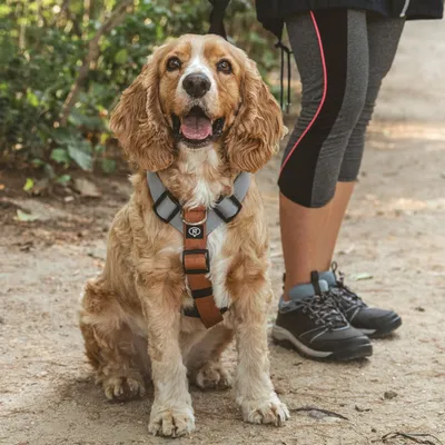 Hund mit braun-grauem Geschirr und Logo 'KP', sitzt neben einer Person in Sportkleidung auf einem Waldweg.