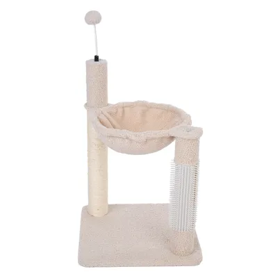 Cat tree with beige plush cover, hammock, sisal scratching surface and brush attachment. Integrated play ball on spring for cat entertainment.