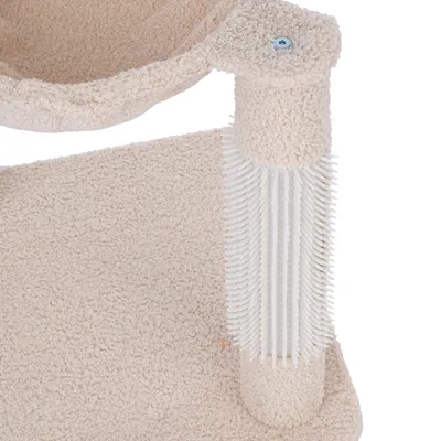 Cat tree with beige plush cover and integrated white brush on the post for coat care.