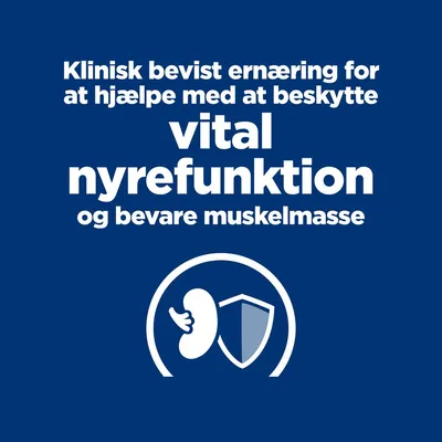 Klinisk bevist ernæring for at hjælpe med at beskytte vital nyrefunktion og bevare muskelmasse. Illustration af en nyre og et skjold.