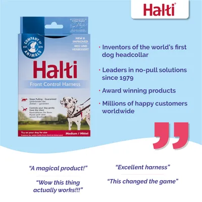 Halti Front Control Harness packaging with key points: inventors of the first dog headcollar, leaders in no-pull solutions since 1979, award winning products, millions of happy customers.