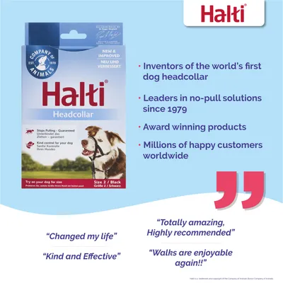 Halti Headcollar packaging with key points: inventors of the first dog headcollar, leaders in no-pull solutions since 1979, award winning products, millions of happy customers, and user testimonials.