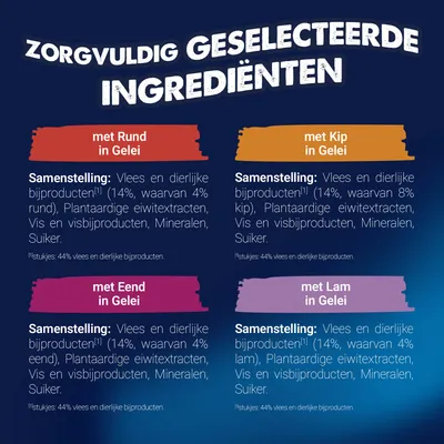 Zorgvuldig geselecteerde ingrediënten. Samenstelling voor gelei met rund, kip, eend of lam: vlees en dierlijke bijproducten 14%, plantaardige eiwitisolaten, visproducten, mineralen, suiker. Zorgvuldig geselecteerde ingrediënten. Samenstelling voor gelei met rund, kip, eend of lam: vlees en dierlijke bijproducten 14%, plantaardige eiwitisolaten, visproducten, mineralen, suiker.