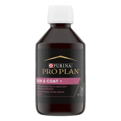 Purina Pro Plan Skin & Coat+ bottle, label reads: helps promote skin health, helps coat glossiness and softness. Text also in French: pour une peau saine, un poil soyeux et brillant.