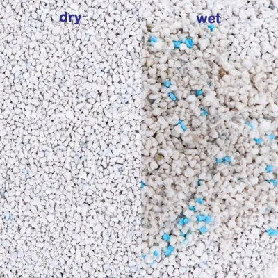 Сравнение наполнителя для кошачьего туалета: слева сухой (dry), справа влажный (wet) с видимыми синими гранулами. Подписи на английском языке.