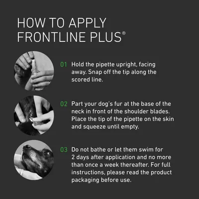 Instructions for applying Frontline Plus: hold pipette upright and snap tip, part fur at neck and apply to skin, avoid bathing or swimming for 2 days after use. Read packaging for details.