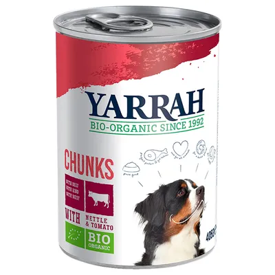 Boîte Yarrah Bio-Organic Since 1992, Chunks with beef, with nettle & tomato, BIO organic, image de chien sur l’étiquette. Texte en anglais.