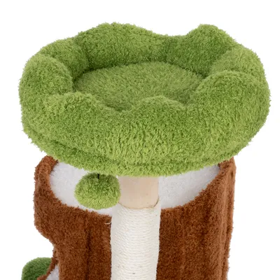 Árbol rascador con zona de descanso acolchada verde y base marrón y blanca. Bola de juego integrada en el poste.