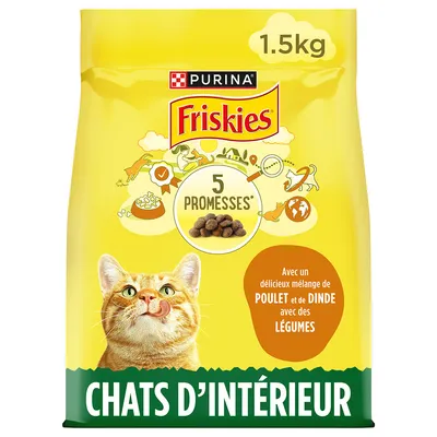 Purina Friskies Chats d'Intérieur, 1.5kg, mit Huhn, Truthahn und Gemüse. 5 Versprechen für ausgewogene Ernährung.