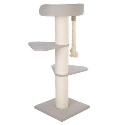 Krabpaal met drie niveaus, sisalstam en hangend touwspeelgoed in beige.