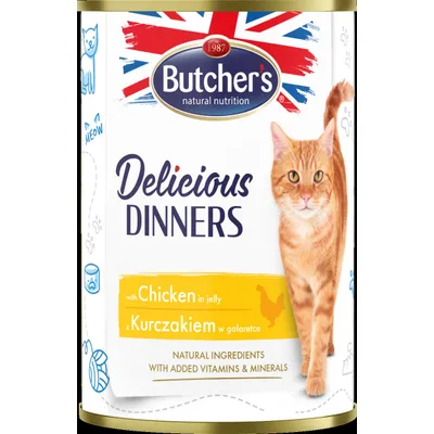 Butcher's natural nutrition Delicious Dinners with Chicken in jelly. Natural ingredients with added vitamins & minerals. Imagen de un gato naranja en la lata.