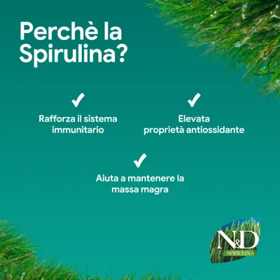 Perché la spirulina? Rafforza il sistema immunitario, ha elevate proprietà antiossidanti, aiuta a mantenere la massa muscolare. N&D Spirulina. Perché la spirulina? Rafforza il sistema immunitario, ha elevate proprietà antiossidanti, aiuta a mantenere la massa muscolare. N&D Spirulina.