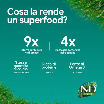 N&D Spirulina: 9 volte più ferro degli spinaci, 4 volte più potassio delle banane, la stessa quantità di calcio del latte, ricca di proteine (ca. 60%), fonte di acidi grassi omega 3. N&D Spirulina: 9 volte più ferro degli spinaci, 4 volte più potassio delle banane, la stessa quantità di calcio del latte, ricca di proteine (ca. 60%), fonte di acidi grassi omega 3.