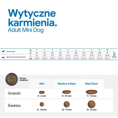 Zalecenia żywieniowe dla Adult Mini Dog: dzienna ilość w zależności od masy ciała w kg i g, rozmiary krokietów Mini 8–10 mm, Medium & Maxi 15–17 mm, Maxi Giant 19–21 mm, grubość podana odpowiednio.