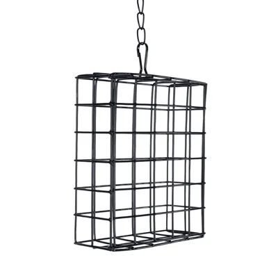 Schwarzer Metall-Futterspender mit Gitterdesign und Aufhängungskette, geeignet für hängende Platzierung.