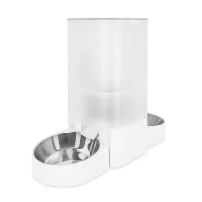 Futterspender mit zwei Edelstahl-Näpfen und transparentem Behälter für Trockenfutter. Weisses Design, geeignet zur automatischen Fütterung.