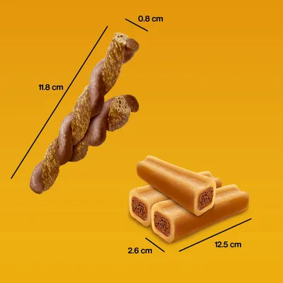 Dimenzije dveh vrst prigrizkov: zvite palčke 11,8 cm x 0,8 cm in polnjene ploščice 12,5 cm x 2,6 cm.