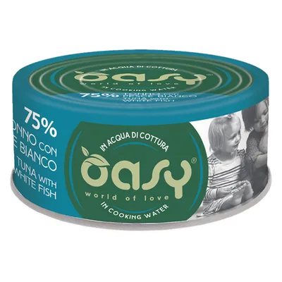 Oasy tonno con pesce bianco, 75% in acqua di cottura. Welt der Liebe.
