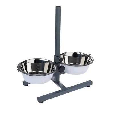 Höhenverstellbarer Doppelnapfständer aus Metall mit zwei Edelstahl-Näpfen, geeignet für Futter und Wasser.