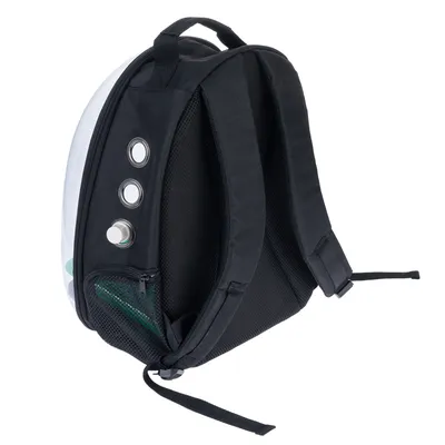 Sac à dos noir avec bretelles rembourrées, trois aérations rondes métalliques et poche latérale en maille. Partie arrière visible, poignée sur le dessus.