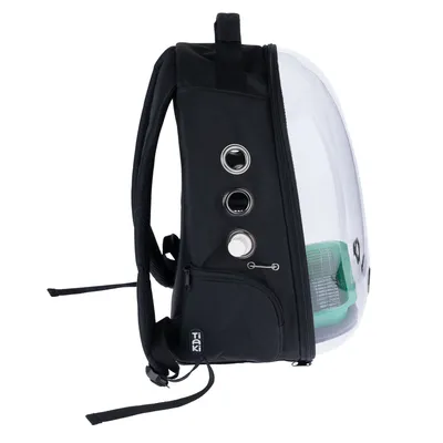 Sac à dos Tiaki noir avec coque transparente rigide, trois aérations métalliques sur le côté, poche zippée et intérieur vert visible.