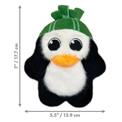 Plush penguin toy with green hat. Dimensions: height 17.7 cm, width 13.9 cm.