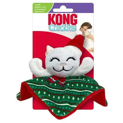 KONG Crackles kattenspeeltje met witte pluche kat, rode kerstmuts en groen-rood deken met kerstboompatroon. Verpakking toont merknaam en productnaam.