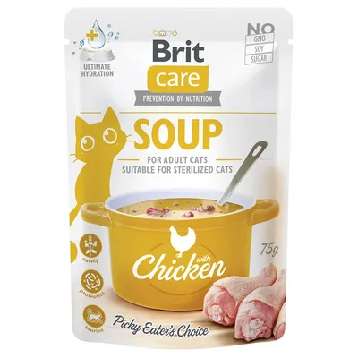 Brit Care Soup s kuřecím, vhodné pro kastrované dospělé kočky. Obsahuje catnip, probiotika a taurin. Bez GMO, sóji a cukru. Velikost balení: 75 g.