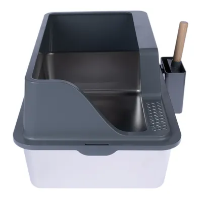 Graue Katzentoilette mit erhöhtem Rand, herausnehmbarem Einsatz und Holzgriff-Schaufelhalter.