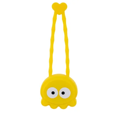Gelbes Spielzeug in Form eines Oktopus mit grossen Augen und herzförmigem Griff aus Kunststoff.