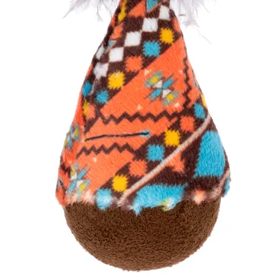 Jouet pour animal en tissu à motifs géométriques colorés orange, bleu, jaune et marron, base ronde marron, extrémité supérieure avec plumes blanches visibles.