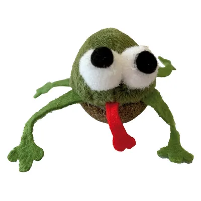 Jouet pour animal en forme de grenouille verte avec grands yeux blancs, langue rouge et pattes en tissu. Corps rond, mélange de tissu peluche et matière brune visible à la base.