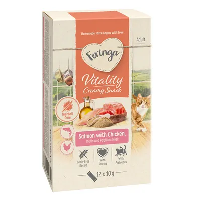 Feringa Vitality Creamy Snack für Erwachsene, Geschmack Lachs mit Huhn, Inulin und Flohsamenschalen. Getreidefrei, mit Taurin und Präbiotika. Packung enthält 12 x 10 g.